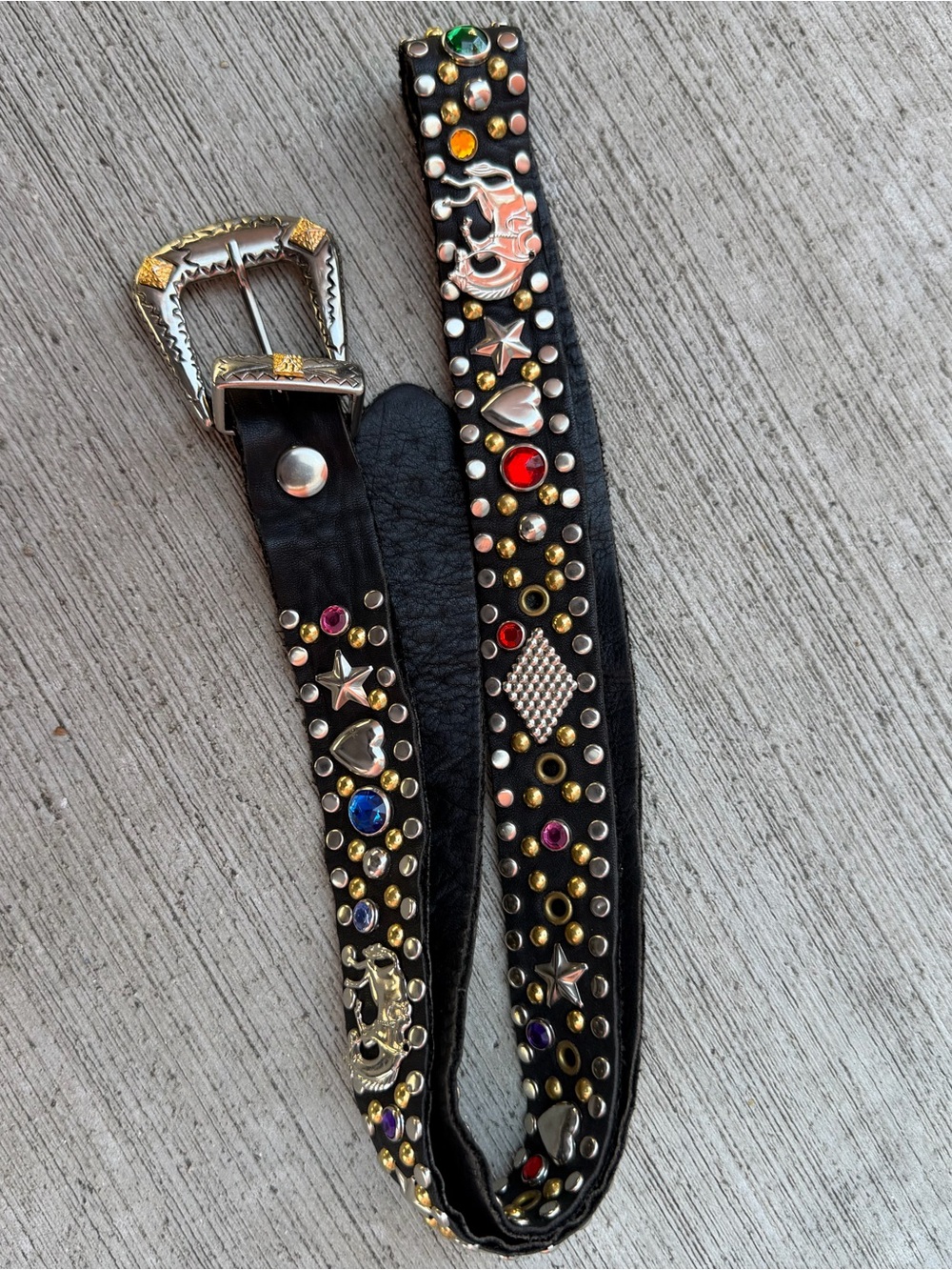 Studded Black Leather Women's Belt with Multicolor Gems